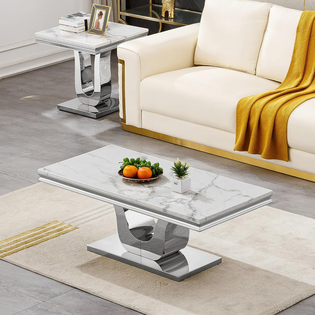 3 Pieces Coffee Table Set, Faux Marble Living Room Table Set of 3, Modern Coffee Table and 2 End Tables with U-Shaped Stainless Steel Base for Living Room (White Silver)