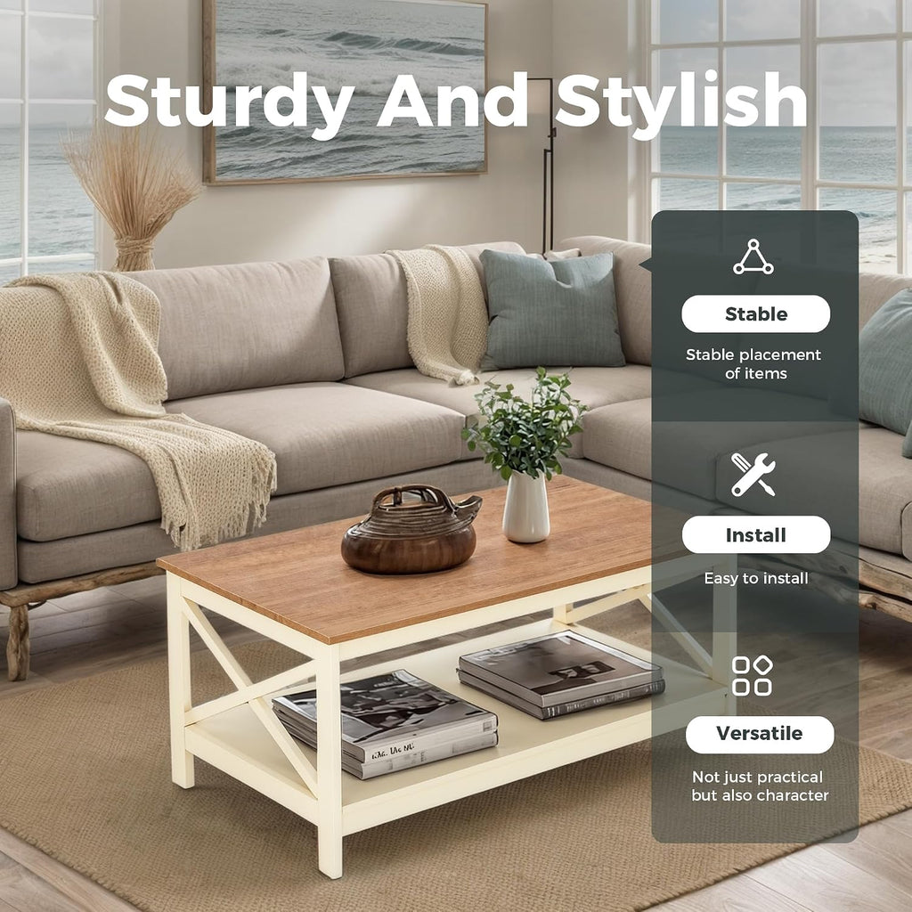 MAISON ARTS Farmhouse Coffee Table 39'', 2-Tier Coffee Table Set with Storage for Living Room, X-Frame Design Rustic Center Table, Easy Assembly, Ivory White