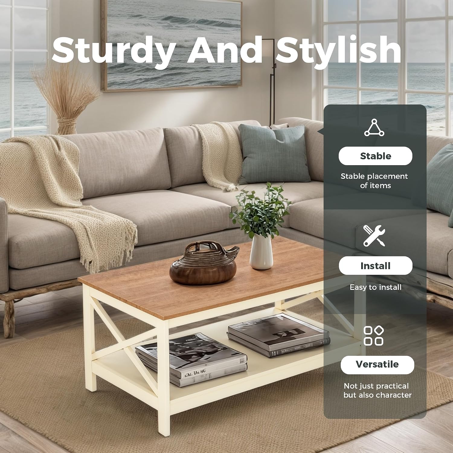 MAISON ARTS Farmhouse Coffee Table 39'', 2-Tier Coffee Table Set with Storage for Living Room, X-Frame Design Rustic Center Table, Easy Assembly, Ivory White