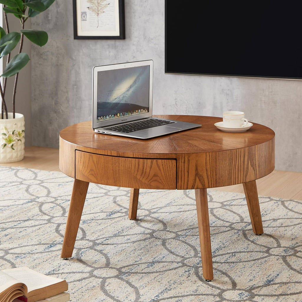 Round Wood Coffee Table for Living Room, Modern Wood Table with Storage, Wooden Circle Coffee Table, 29.14' L x 29.14' W x 15.87' H