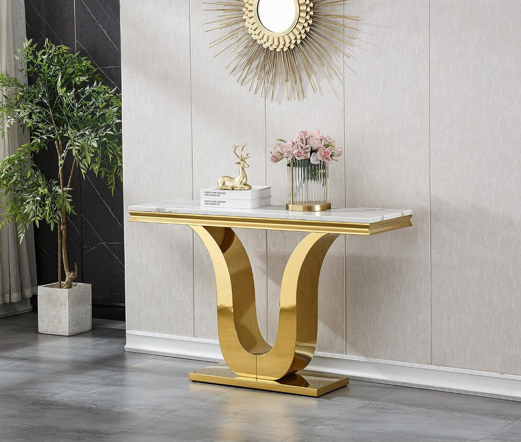 3 Pieces Living Room Table Set, Faux Marble Coffee Table Set of 3, Modern Coffee Table, Console Table and End Table with U-Shaped Stainless Steel Base for Living Room (White Gold)