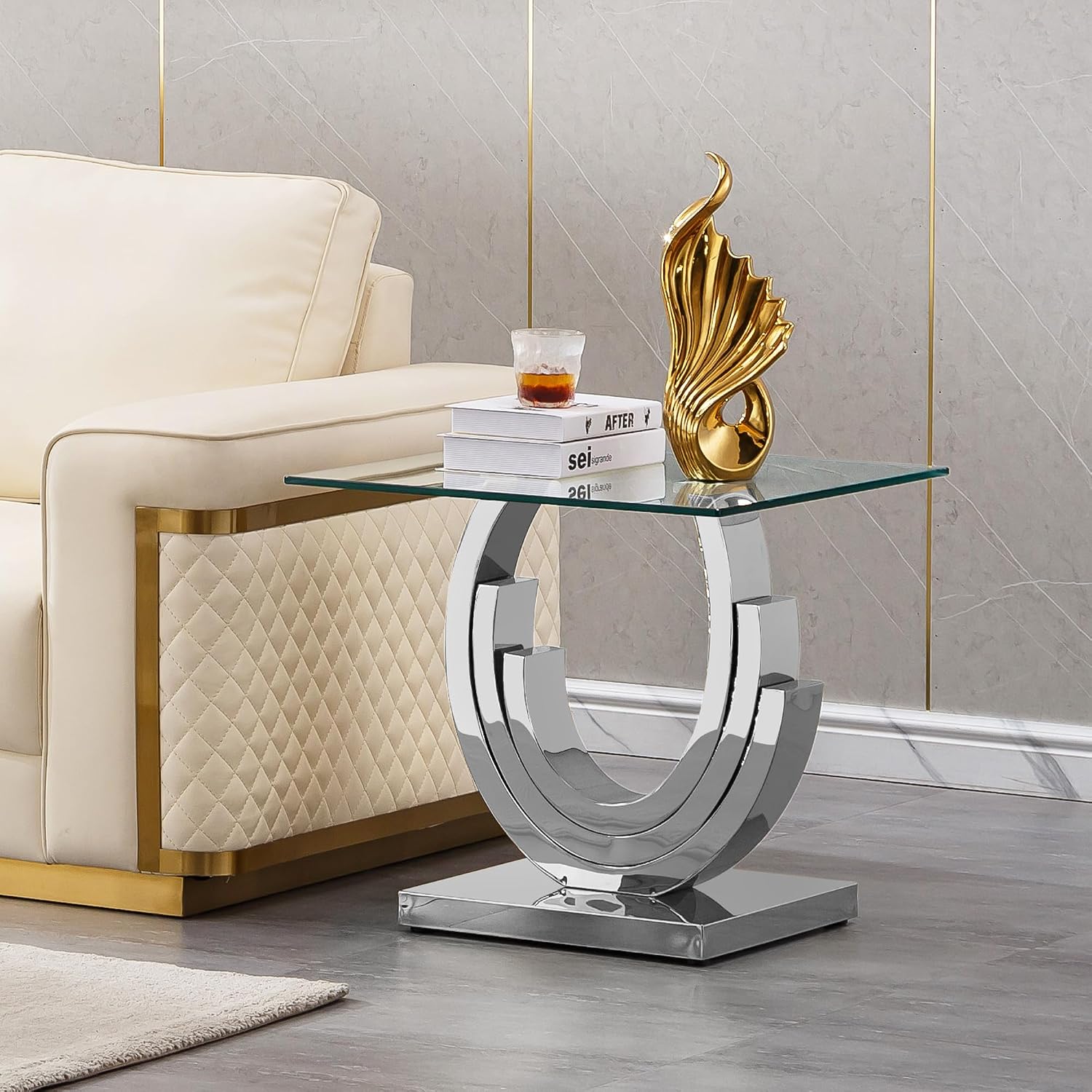 SSLine Modern 3 Piece Living Room Table Set, Include 1 Coffee Table and 2 End Tables, Luxury Silver Glass Coffee End Table Set with Ring-Shape Stainless Steel Base