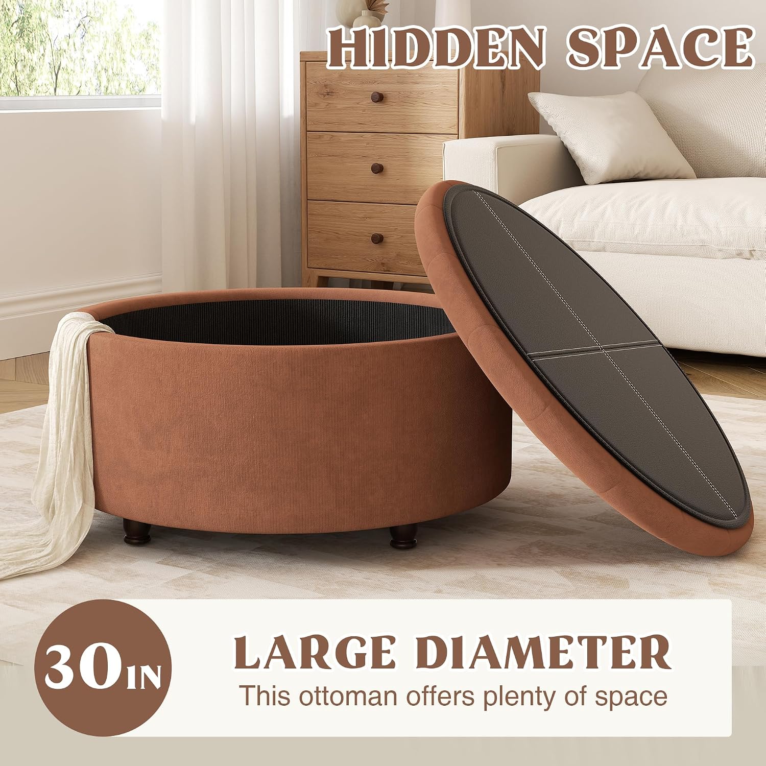 30 Inch Round Storage Ottoman,Modern Tufted Ottomans,Upholstered Large Ottoman with Storage with Removable Top Footrest Stool for Bedroom Living Room (Orange)