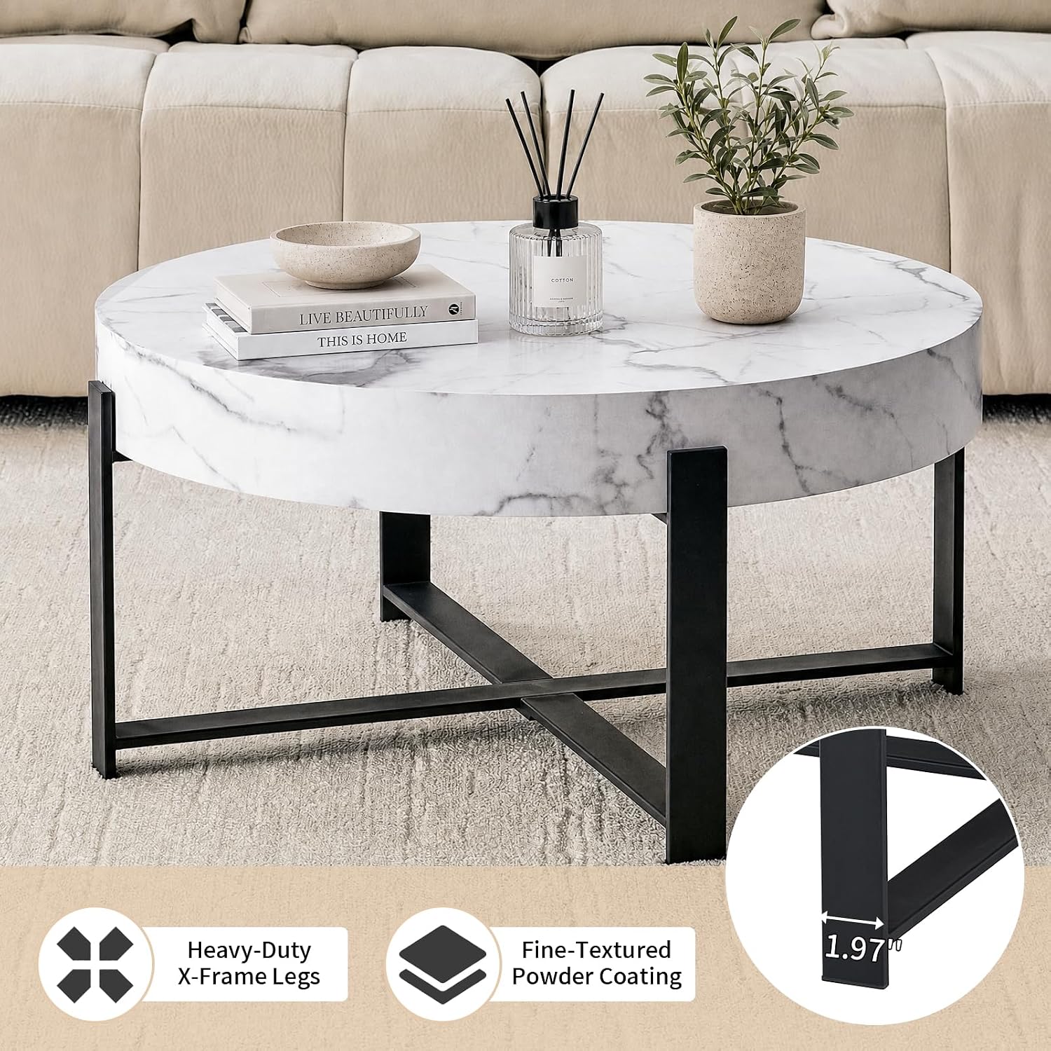 Round Coffee Table, Small Wood Coffee Table with Storage, Modern Wood Circle Table with Metal Frame, Round Accent Center Tables for Living Room Apartment Small Space