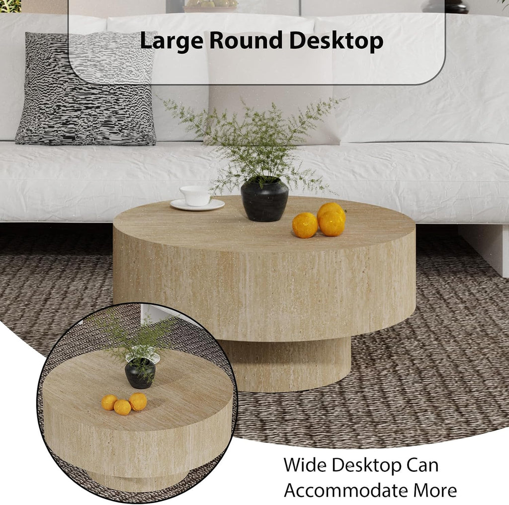 Round Coffee Table, Handcrafted Fluted Drum Coffee Tables Modern Wood Coffee Table Circle Drum Center Table for Living Room, Apartment (Travertine Round)