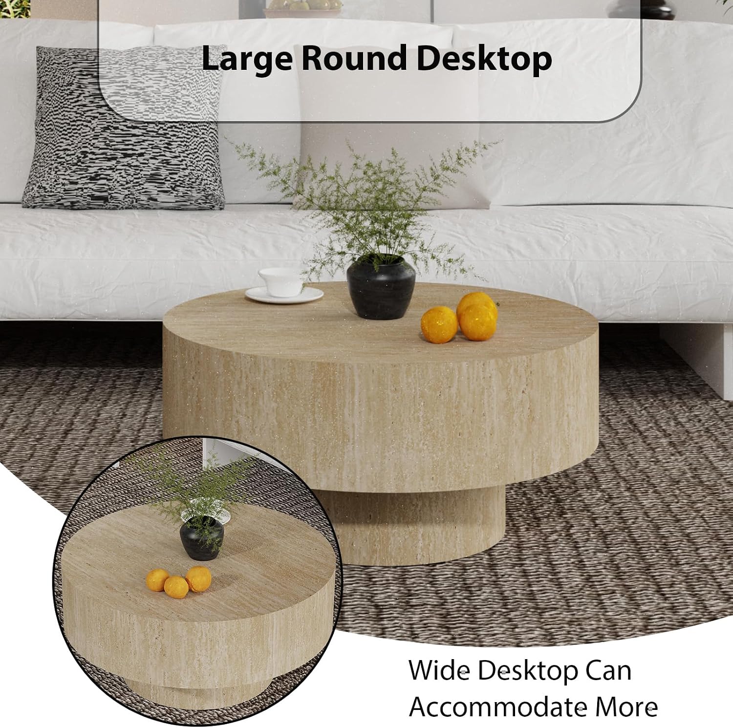 Round Coffee Table, Handcrafted Fluted Drum Coffee Tables Modern Wood Coffee Table Circle Drum Center Table for Living Room, Apartment (Travertine Round)