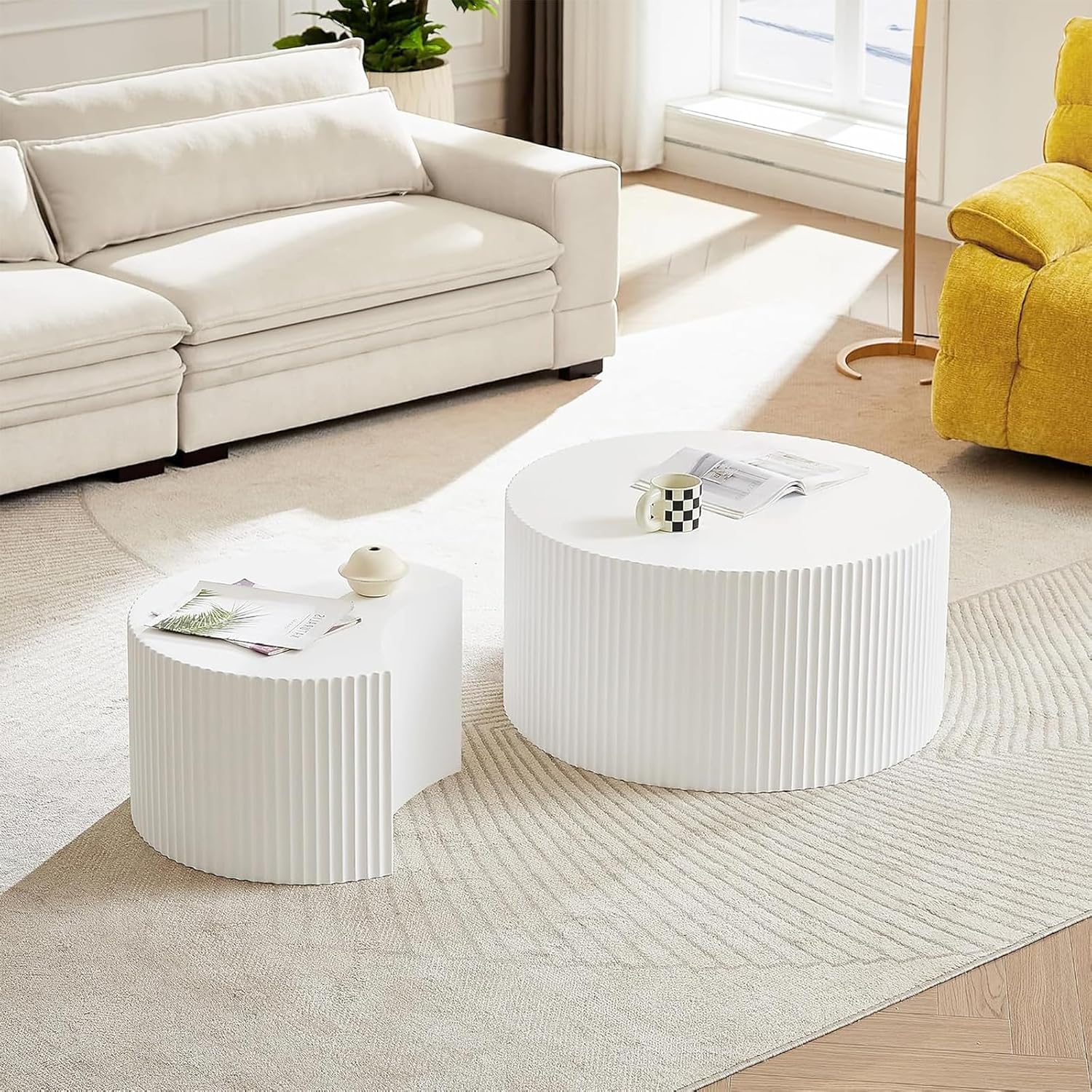 Nesting Coffee Table Set of 2 Wood Circle Drum Coffee Tables Set Contemporary Fluted Coffee Table Round Wooden Coffee Tables for Living Room & Small Space ((Cream, 27.5 +19.6in)