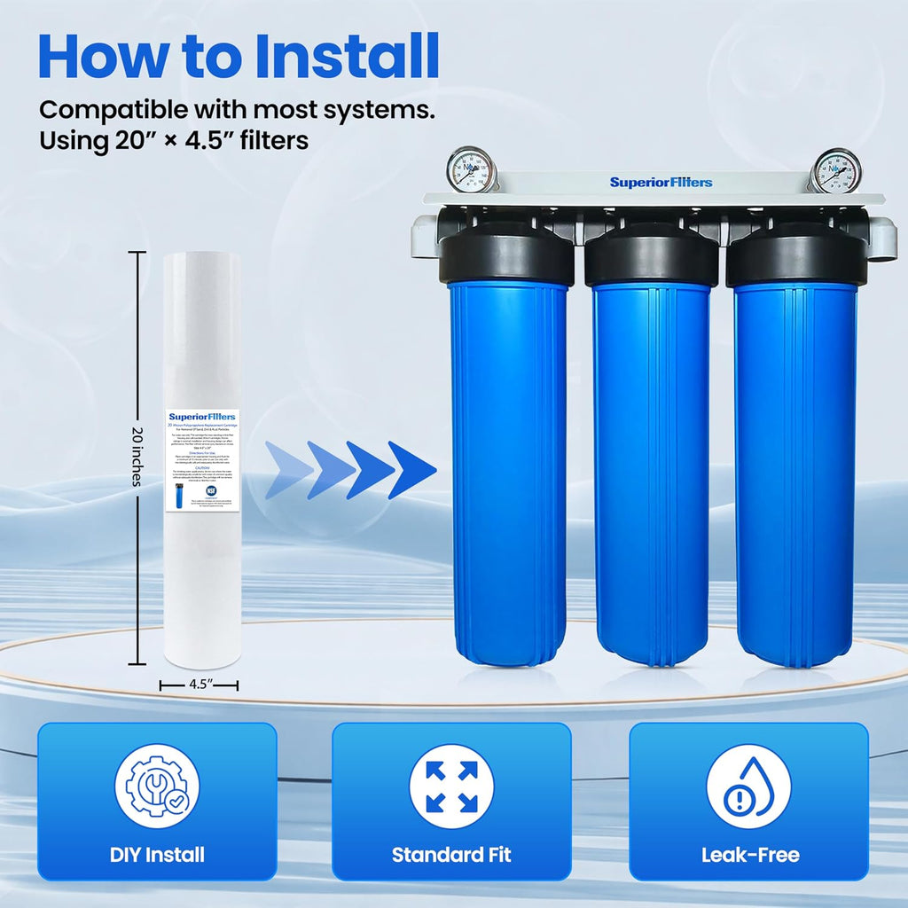 20 Micron Sediment Filter - Whole House Water Filter Cartridge - High-performance 20-inch Replacement - Compatible with All Whole House Water Filter System - (20 X 4.5, 10 Count)