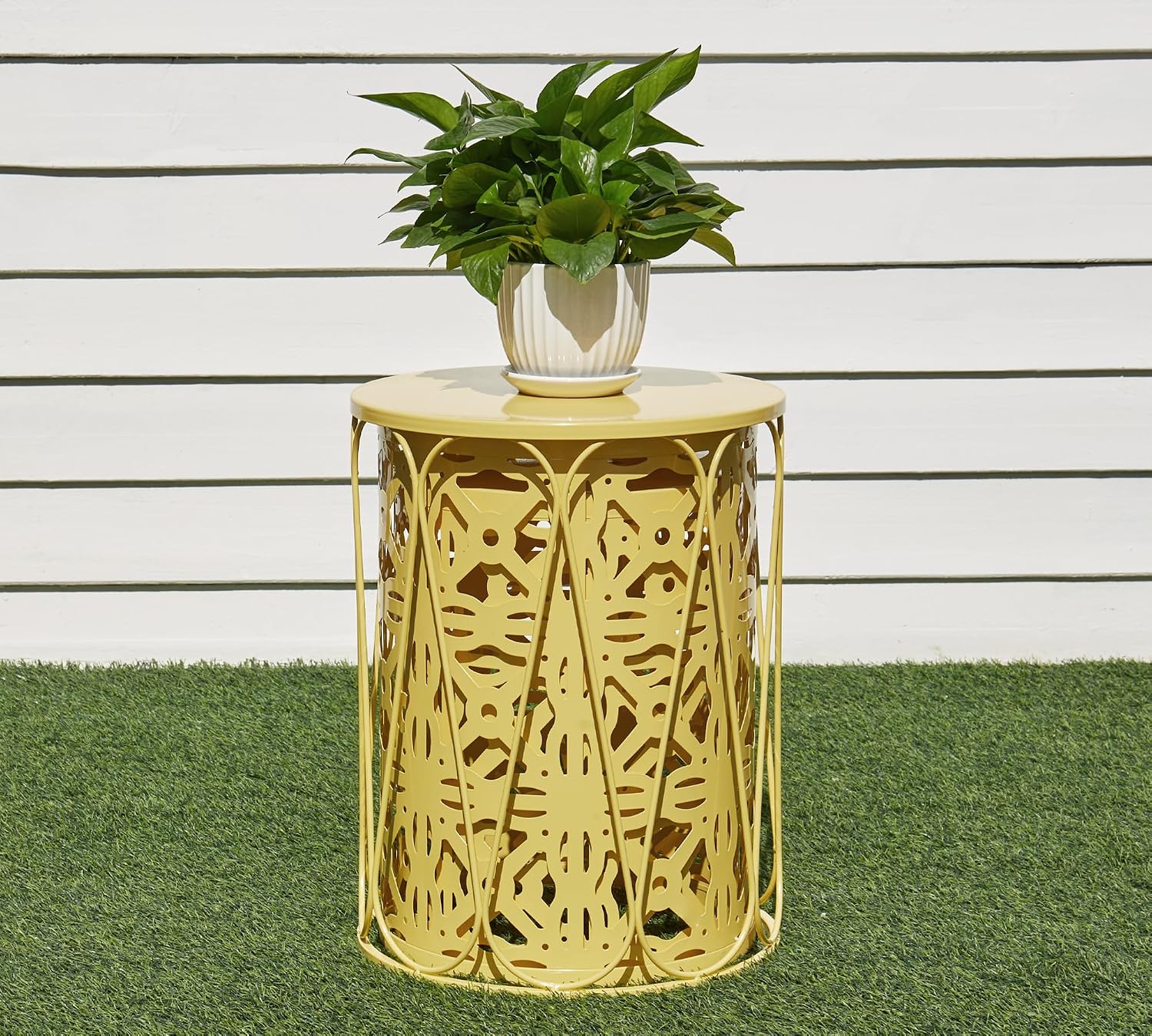 HFHOME Set of 3 Metal Outdoor Side Table, Nesting Round Coffee Table for Indoor Outdoor, Heavy Duty End Tables Plant Stand Living Room Garden Stool - Yellow