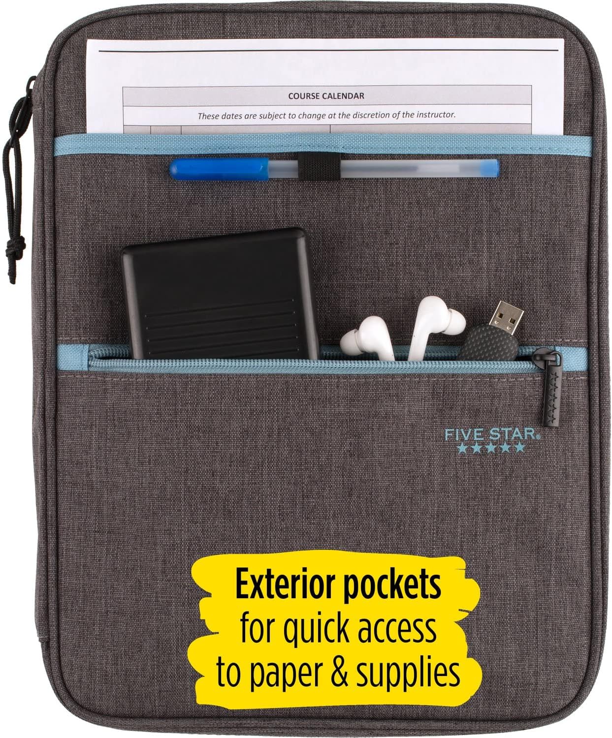 Five Star Zipper Binder, 1 Inch 3-Ring Binder with Round Rings, Carry-All with Pockets and 4-Tab Dividers, 375 Sheet Capacity, Gray/Mint (29092BH0) (Pack of 8)