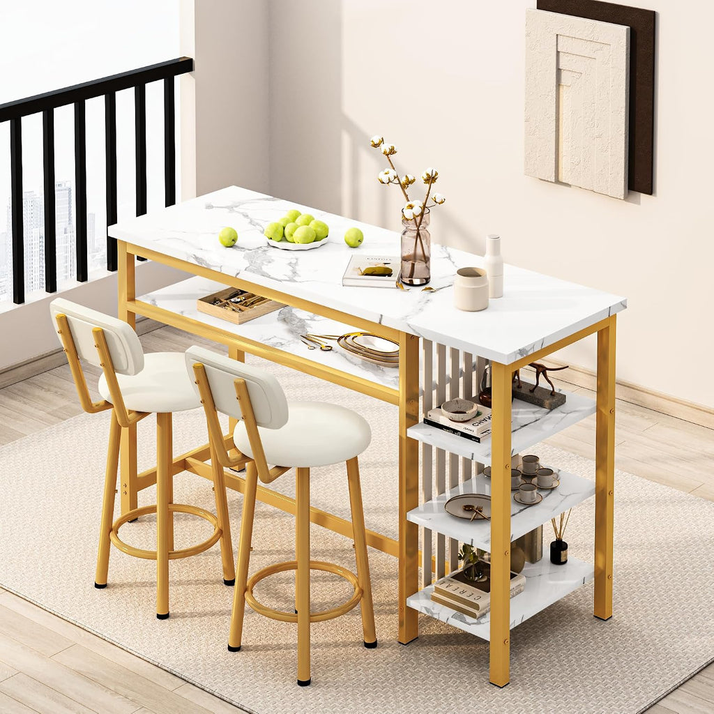 AWQM 3-Piece Bar Table and Chairs Set, Modern White Faux Marble Table with 2 PU Cushion Bar Stools, Kitchen Counter with 3 Tier Storage Shelves, Space Saving Table for Home & Kitchen, White & Gold