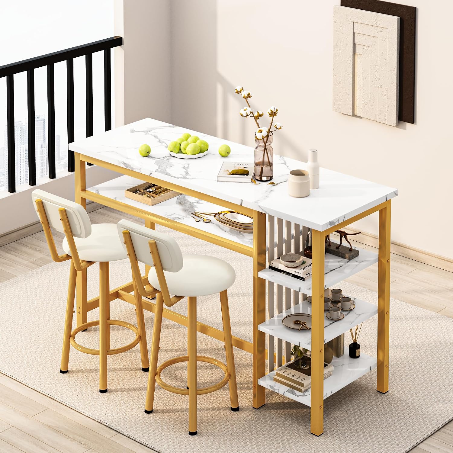 AWQM 3-Piece Bar Table and Chairs Set, Modern White Faux Marble Table with 2 PU Cushion Bar Stools, Kitchen Counter with 3 Tier Storage Shelves, Space Saving Table for Home & Kitchen, White & Gold