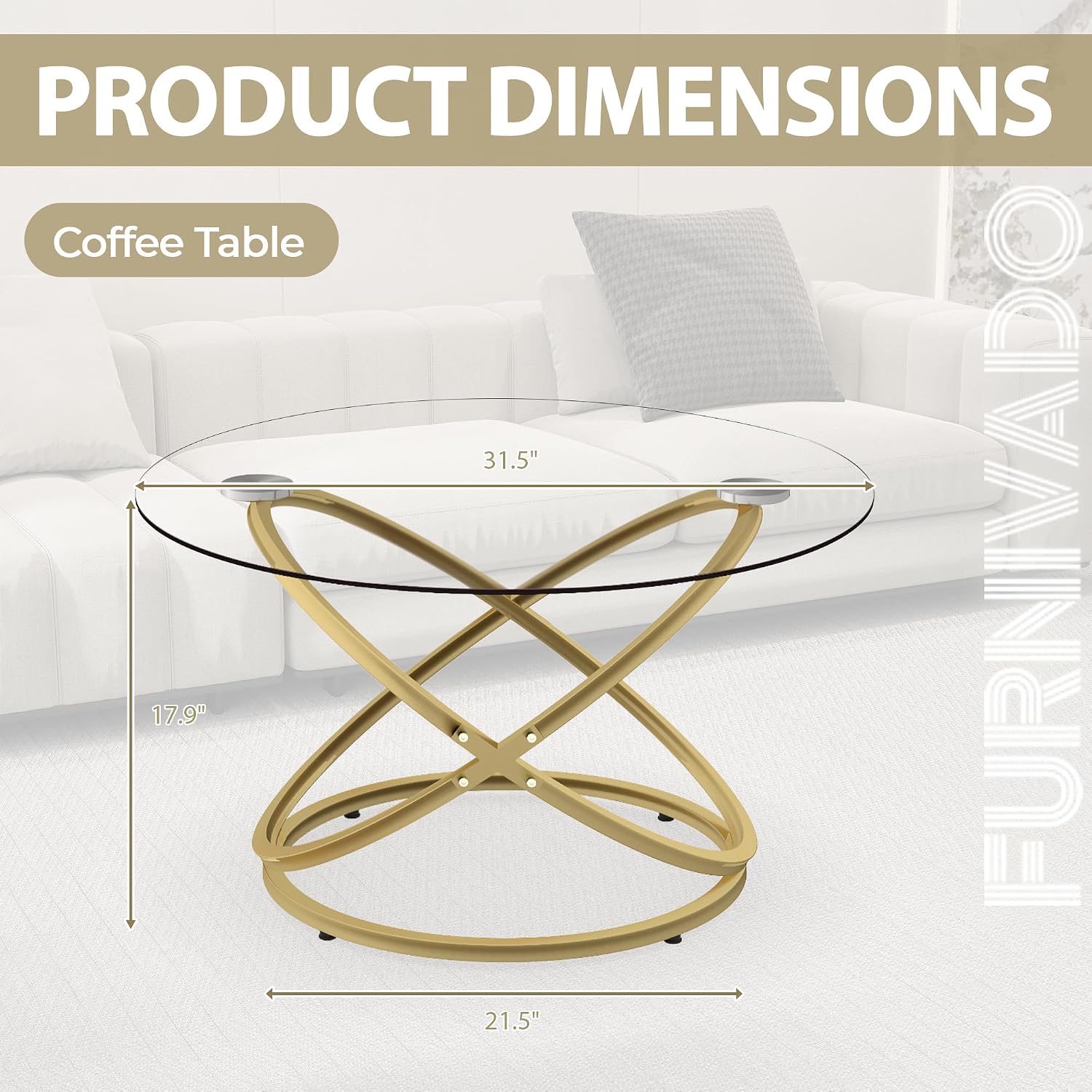 Glass Coffee Table, Round Coffee Table with Ring Gold Metal Frame, Large Modern Minimalist Coffee Table for Decoration, Coffee Tables for Living Room, Study Room, Office