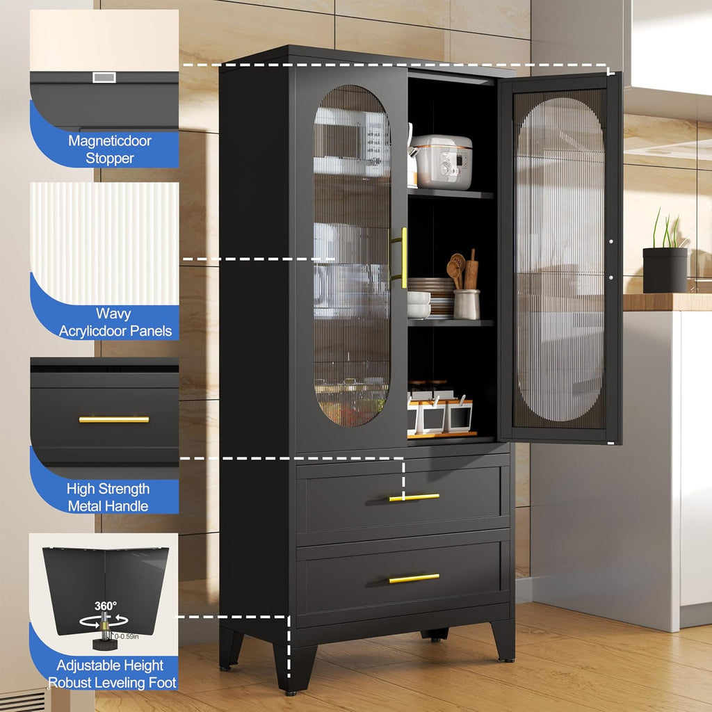 PAOFIN Kitchen Pantry Storage Cabinet with 2 Acrylic Doors, 2 Drawers,2 Adjustable Shelves, freestanding Cupboard Versatile Storage for Office, Laundry,Dining Room or Living Room (61' Black)