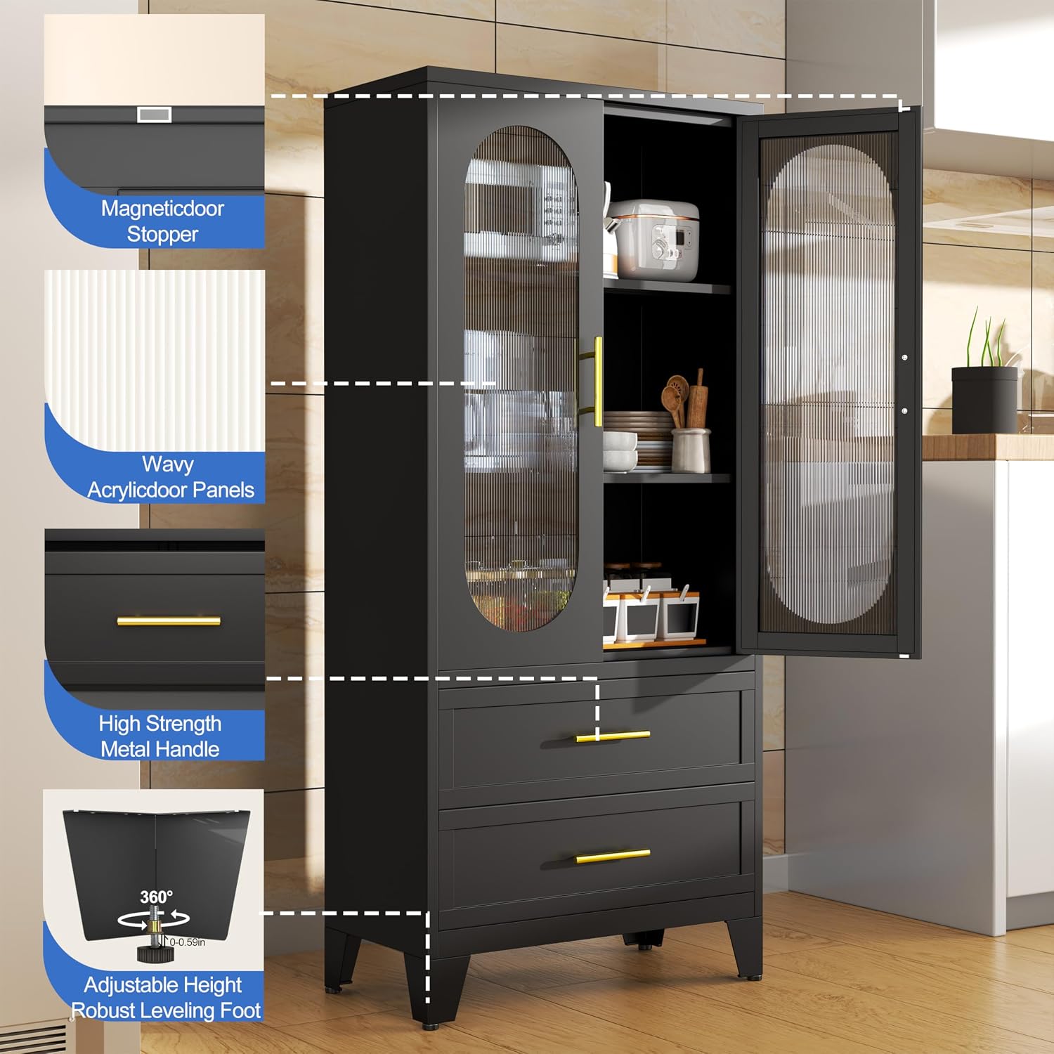 PAOFIN Kitchen Pantry Storage Cabinet with 2 Acrylic Doors, 2 Drawers,2 Adjustable Shelves, freestanding Cupboard Versatile Storage for Office, Laundry,Dining Room or Living Room (61' Black)