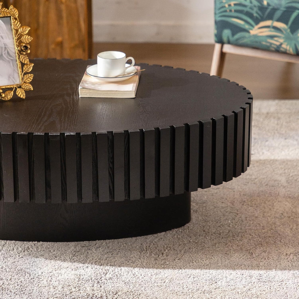43.3in Oval Fluted Coffee Table Drum Coffee Tables for Living Room Modern Pedestal Center Table (Oval Black 43.3in)