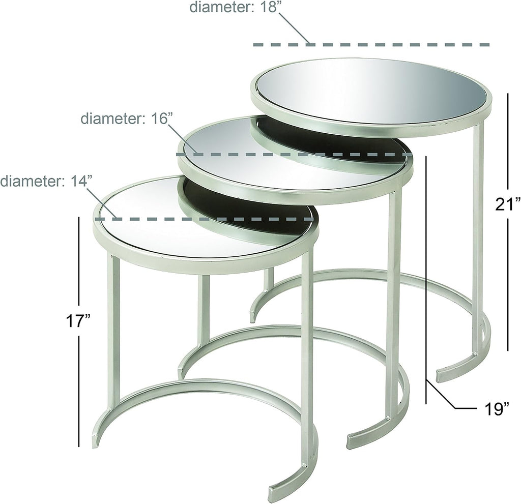 Deco 79 Metal Side End Accent Table Round Nesting End Table with Mirrored Glass Top, Set of 3 Side Table 21', 19', 17'H, Silver