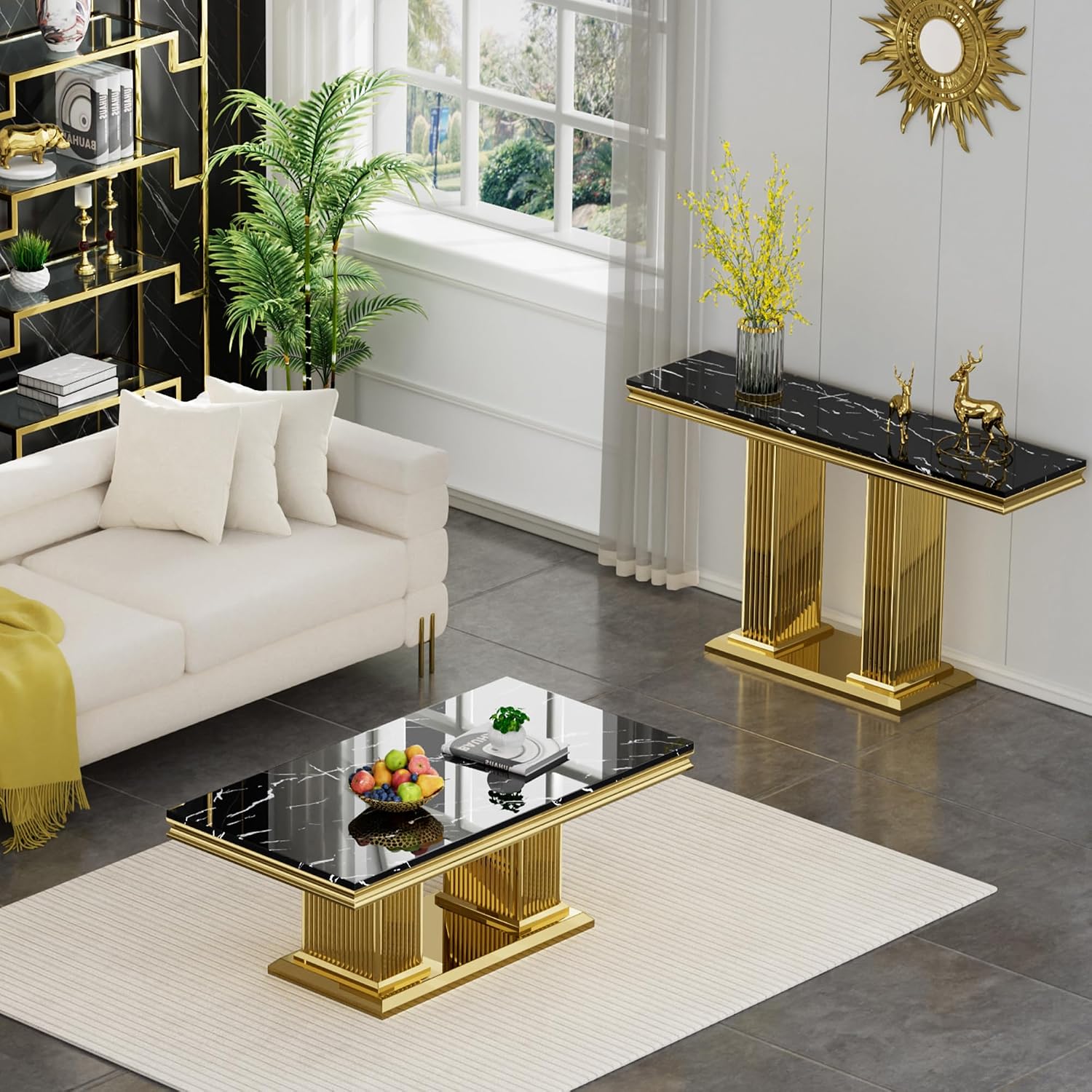 Faux Marble Coffee Table Set Living Room Table Set, Modern Rectangular End Table Console Table with Faux Marble Top Stainless Steel Base for Home Office