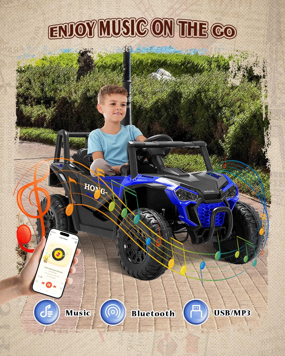 12V Kids Ride on Car, Battery Powered Electric UTV Truck with Parent Remote Control, Bluetooth, Music, LED Light, 3 Speeds, Soft Start, Safety Belt, Horn, Ride on Toys for Boy Girl (Blue)