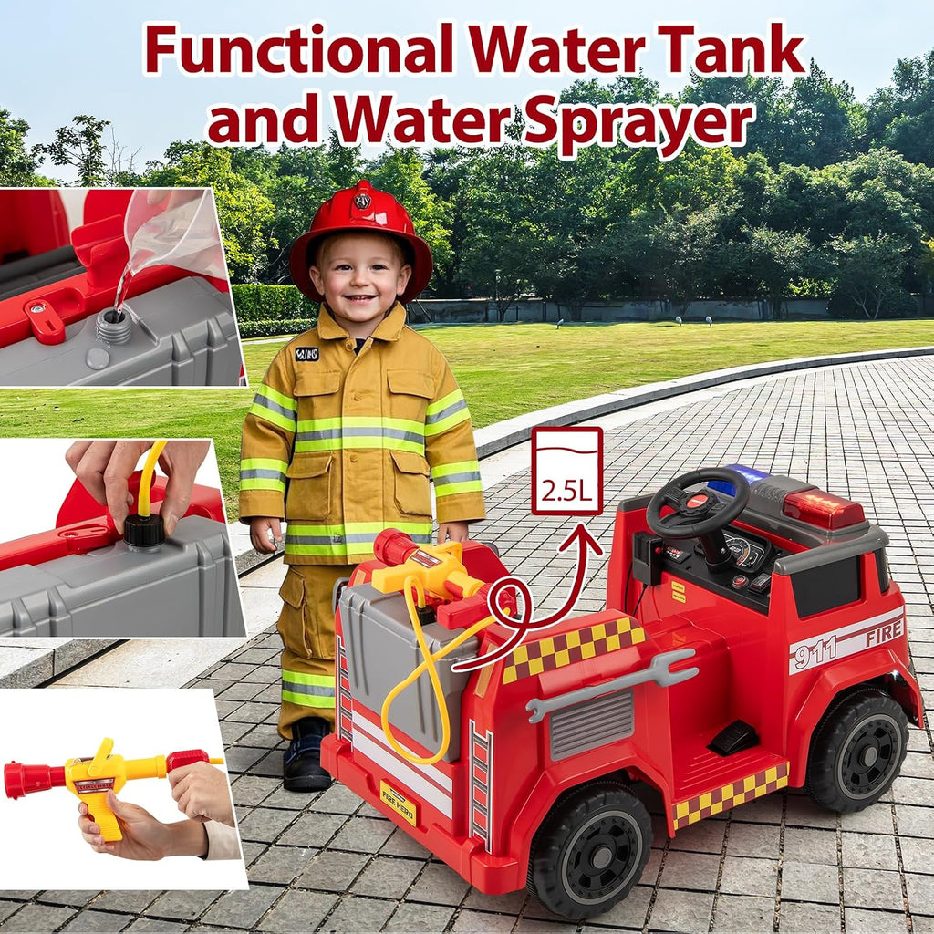 HONEY JOY Ride On Fire Truck, 12V Battery Powered Electric Car for Kids, Water Tank, Loudspeaker, Shovel, Music, Siren & Light, Firetruck Ride On Toy, Ride On Car w/Remote Control (Fire Truck)