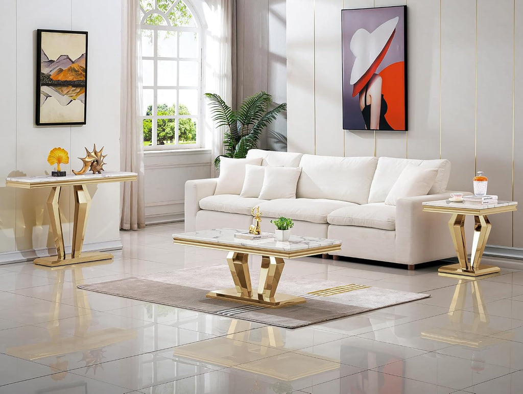 3 Pieces Living Room Table Set, Faux Marble Coffee Table Set of 3, Modern Coffee Table, Console Table and End Table with Diamond-Shaped Stainless Steel Base for Living Room (White Gold)