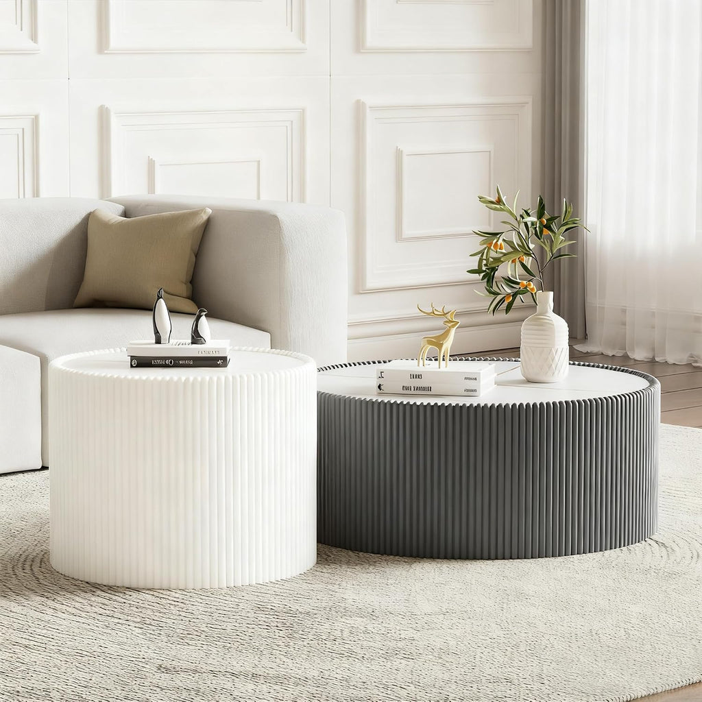 Modern Round Coffee Table Set of 2 Luxury Sintered Stone Top Coffee End Table in Grey/White Leatherette Drum-Shape Small Coffee Side End Tables for Living Room,Fully Assembled
