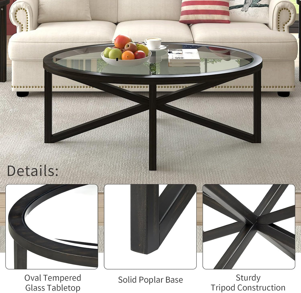 3-Piece Round Coffee Table Set, 1 Coffee Table & 2 End Tables with Tempered Glass Top and Solid Wood Base for Living Room Apartment Small Space (Black)
