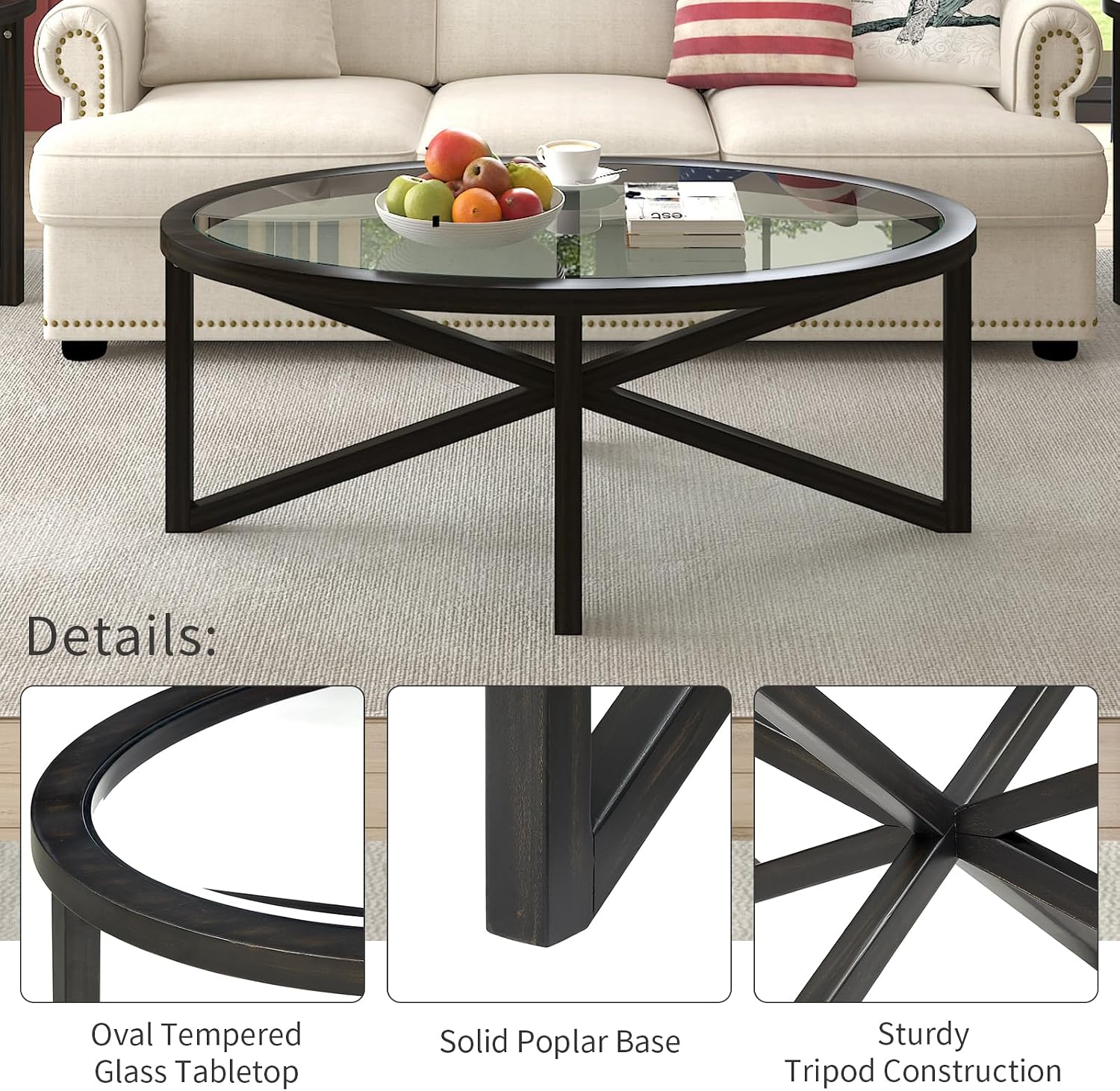 3-Piece Round Coffee Table Set, 1 Coffee Table & 2 End Tables with Tempered Glass Top and Solid Wood Base for Living Room Apartment Small Space (Black)