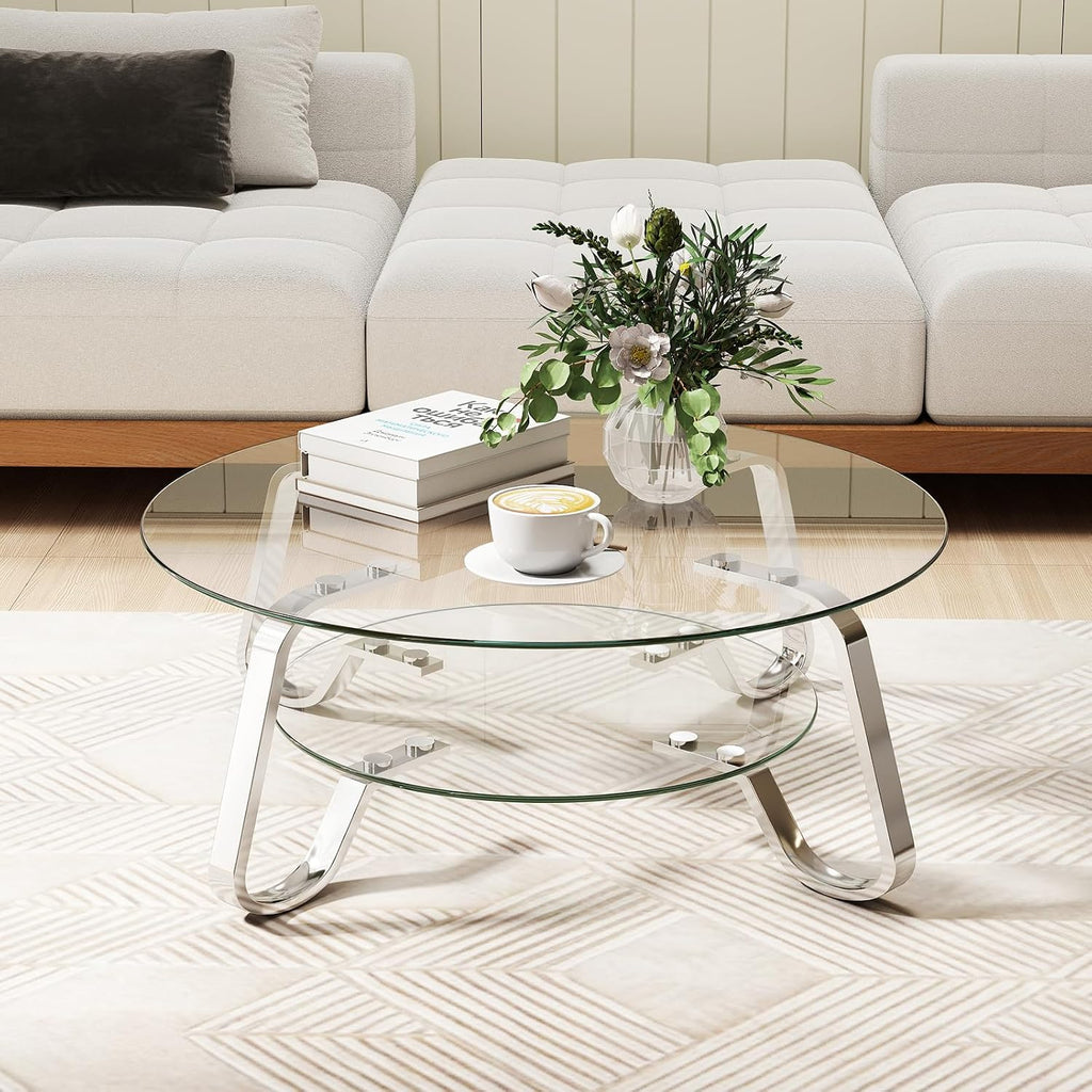 Rovibek Round Glass Coffee Table, 31.5 Modern Round Glass Coffee Tables with Storage and Metal Frame, 2-Tier Tempered Glass Top Small Center Table for Living Room, Easy Assembly, Sliver