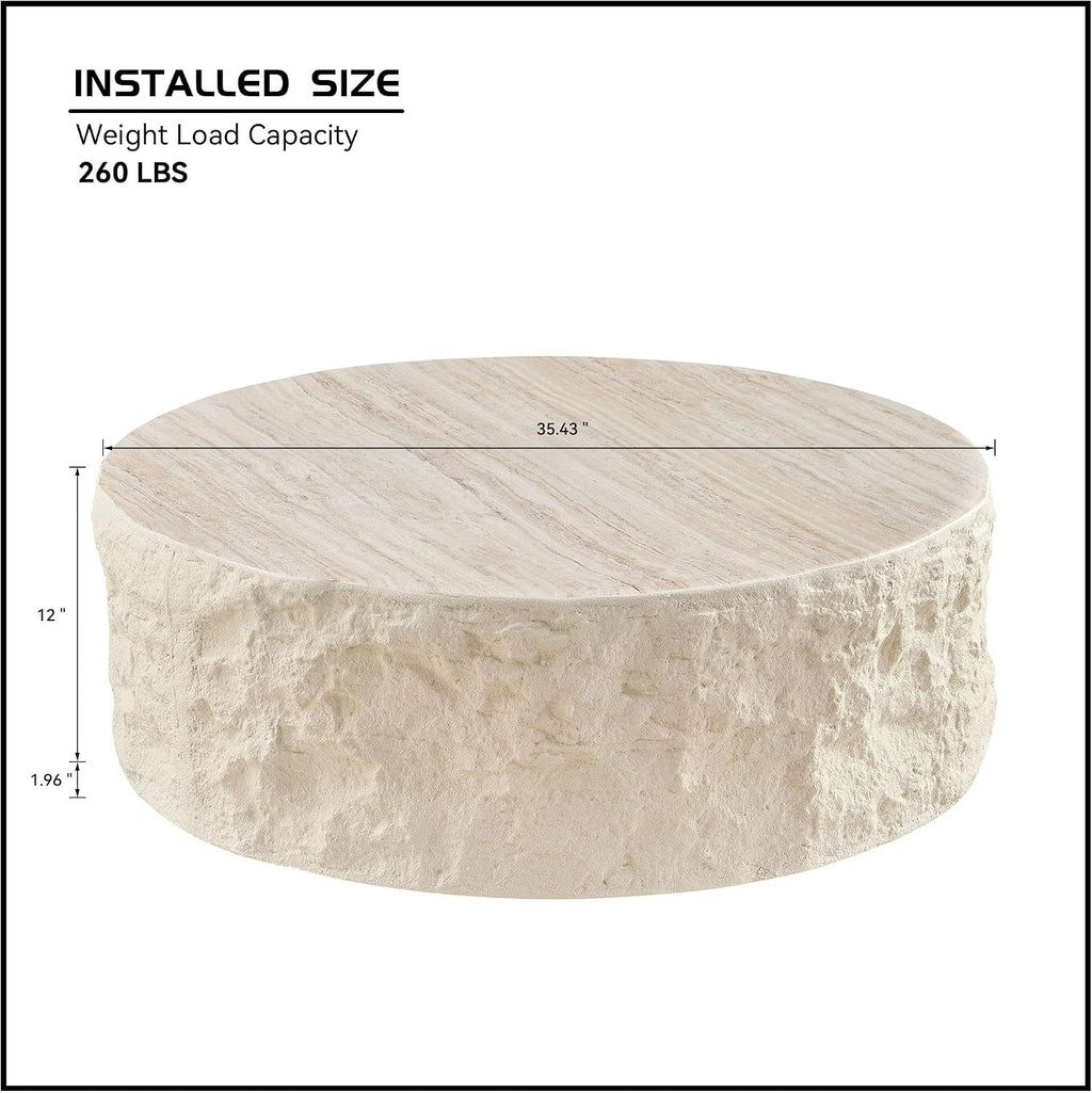 Faux Rock Coffee Table with Round White Design,Drum Coffee Table Fiberglass Circle Tea Table for Living Room Accent Central Table No Need Assembly