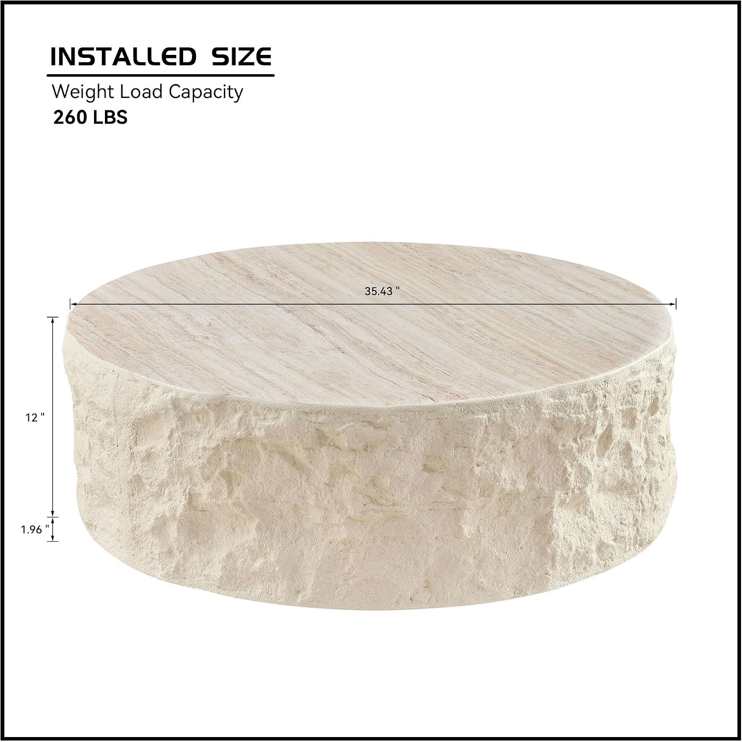 Faux Rock Coffee Table with Round White Design,Drum Coffee Table Fiberglass Circle Tea Table for Living Room Accent Central Table No Need Assembly