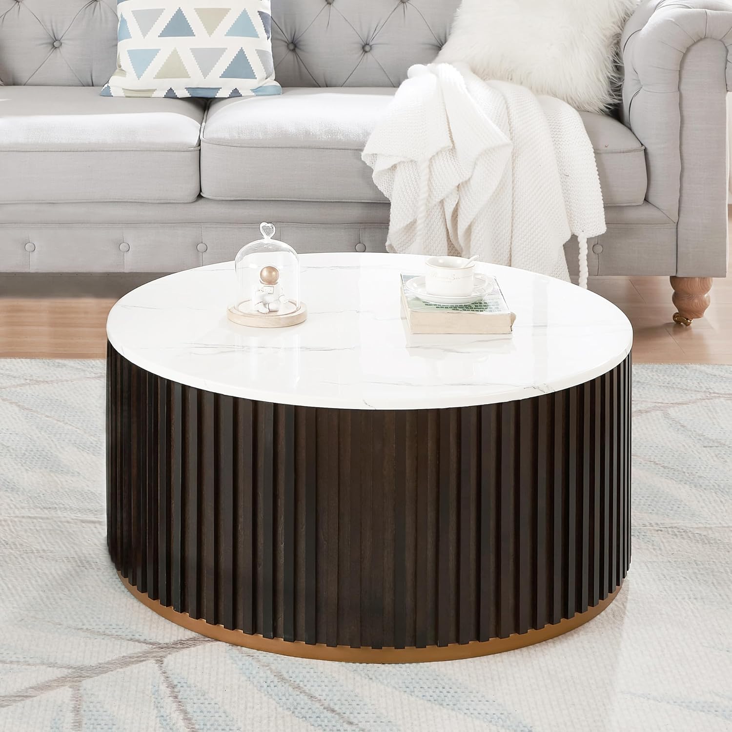Round Wood Coffee Table with Marble Lid ＆ Hidden Storage, Modern Handcraft Drum Coffee Tables, Circle Wooden Coffee Table for Living Room, No Need Assembly(Black Brown,31x31x16 in)
