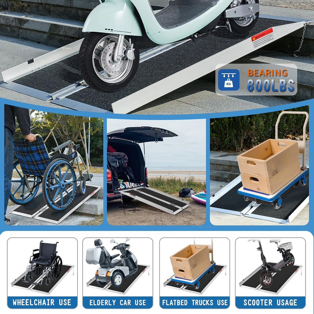 Portable Wheelchair Ramp 6ft, Double Non-Slip, Aluminum Collapsible Wheelchair Ramp, Home Threshold Ramp, YMINCGGM Manufacturing Load Capacity Up to 800lbs, Suitable for Doorways, Steps