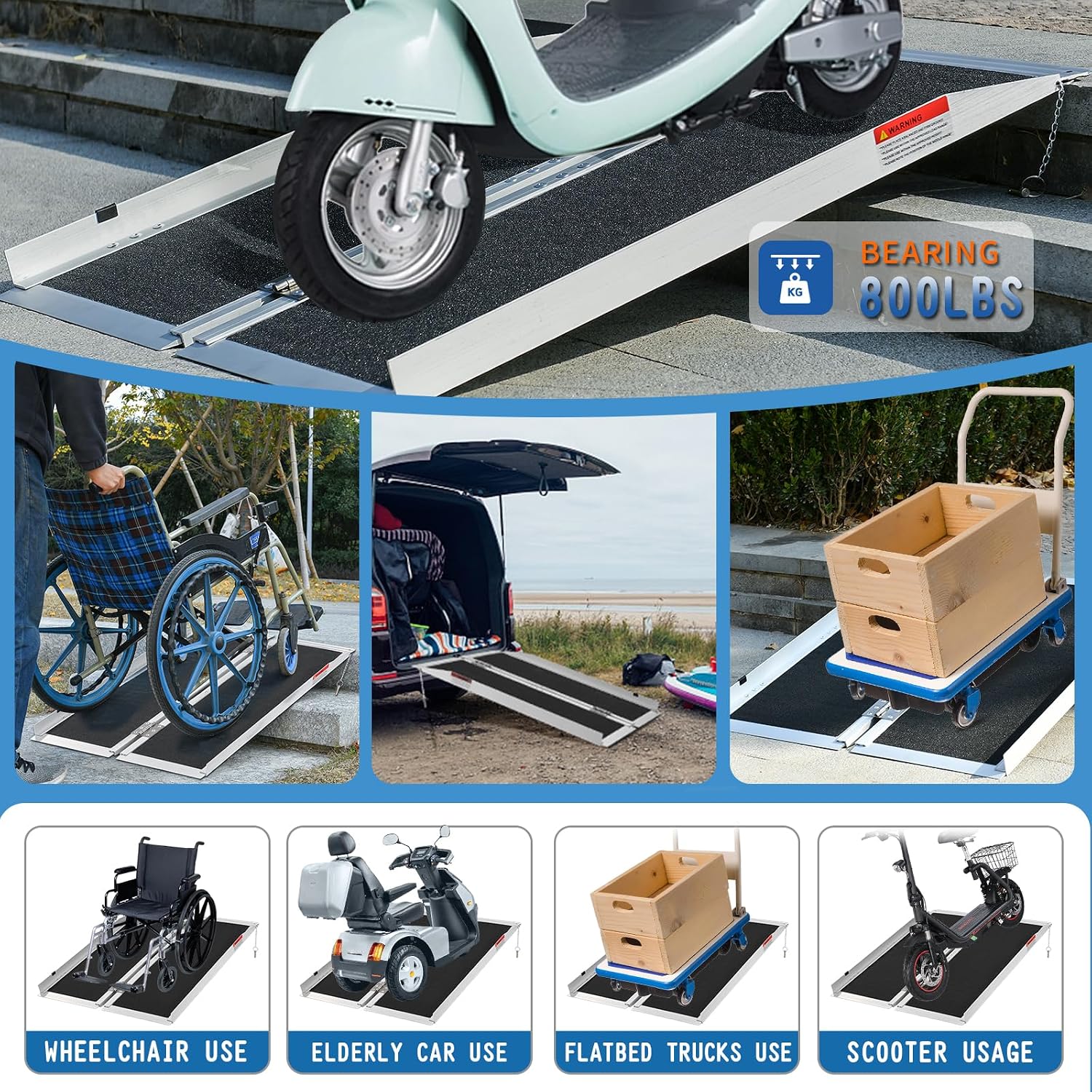 Portable Wheelchair Ramp 6ft, Double Non-Slip, Aluminum Collapsible Wheelchair Ramp, Home Threshold Ramp, YMINCGGM Manufacturing Load Capacity Up to 800lbs, Suitable for Doorways, Steps
