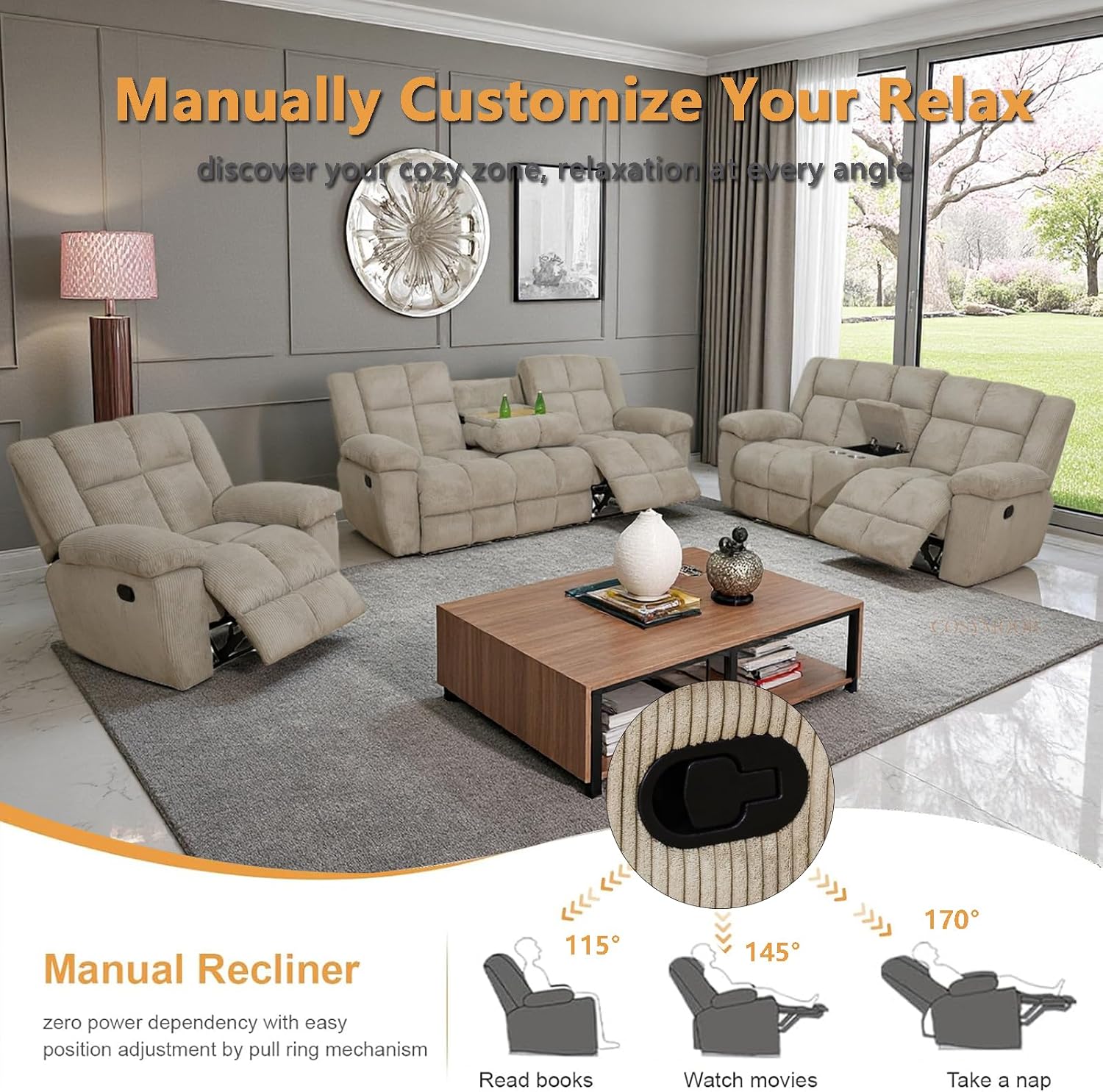 Corduroy Recliner Sofa Set with Cup Holder, 3 Pieces Living Room Furniture Sets, Manual Corduroy Sofa Set with Storage, Modern Reclining Couches for Living Room/Office