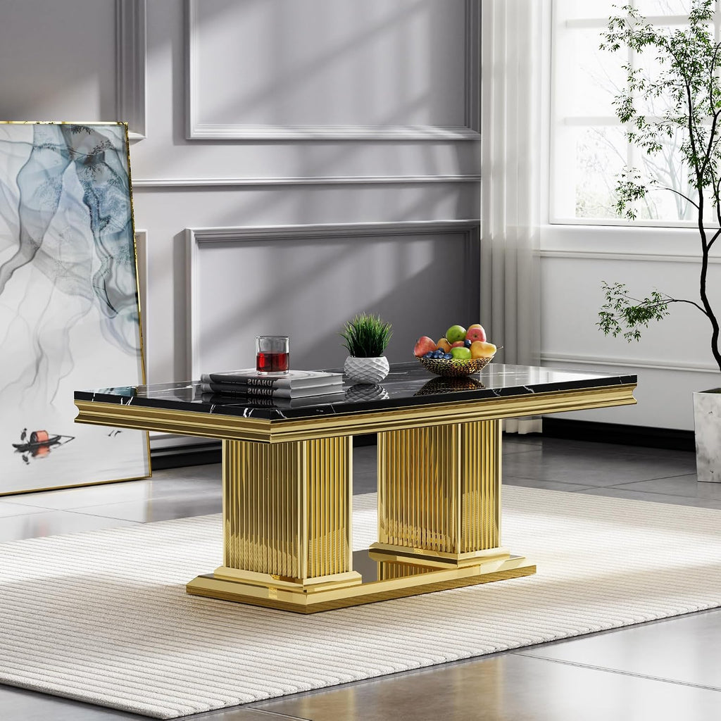 3 Pieces Living Room Table Set, Faux Marble Coffee Table Set of 3, Modern Coffee Table and 2 End Tables with Column-Shaped Stainless Steel Base for Living Room Office Black Gold