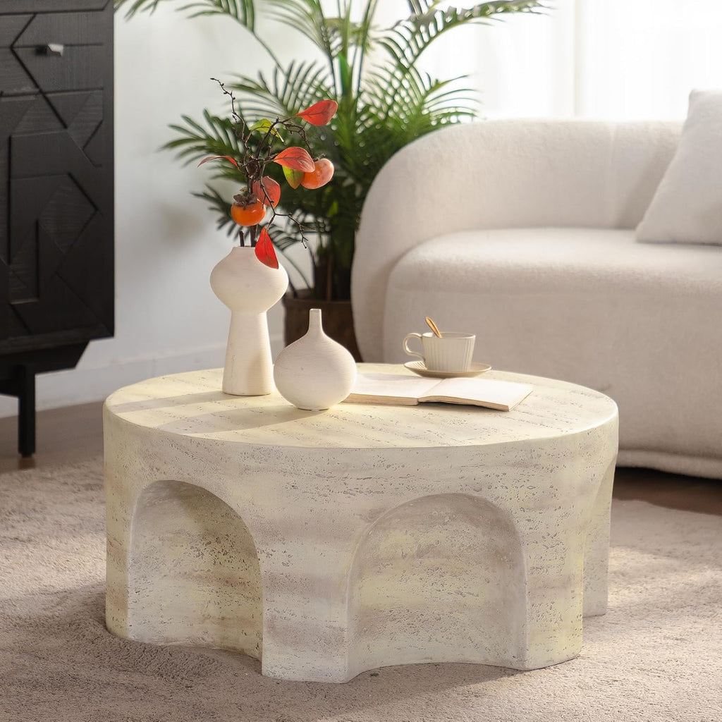 Modern Accent Coffee Table with Unique Arched Cutout Base, Minimalist Round Center Table for Living Room, Bedroom, Home Decor, No Assembly Required, Amber