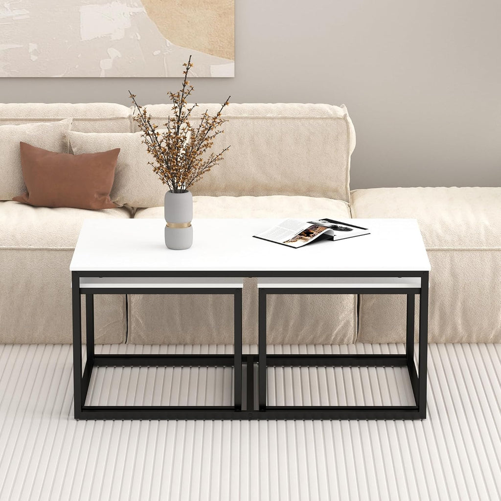 Nesting Coffee Tables,3 Piece Living Room Coffee Table,Industrial Rectangular Coffee Table Set,End Table Side Tables for Living Room Bedroom(White)