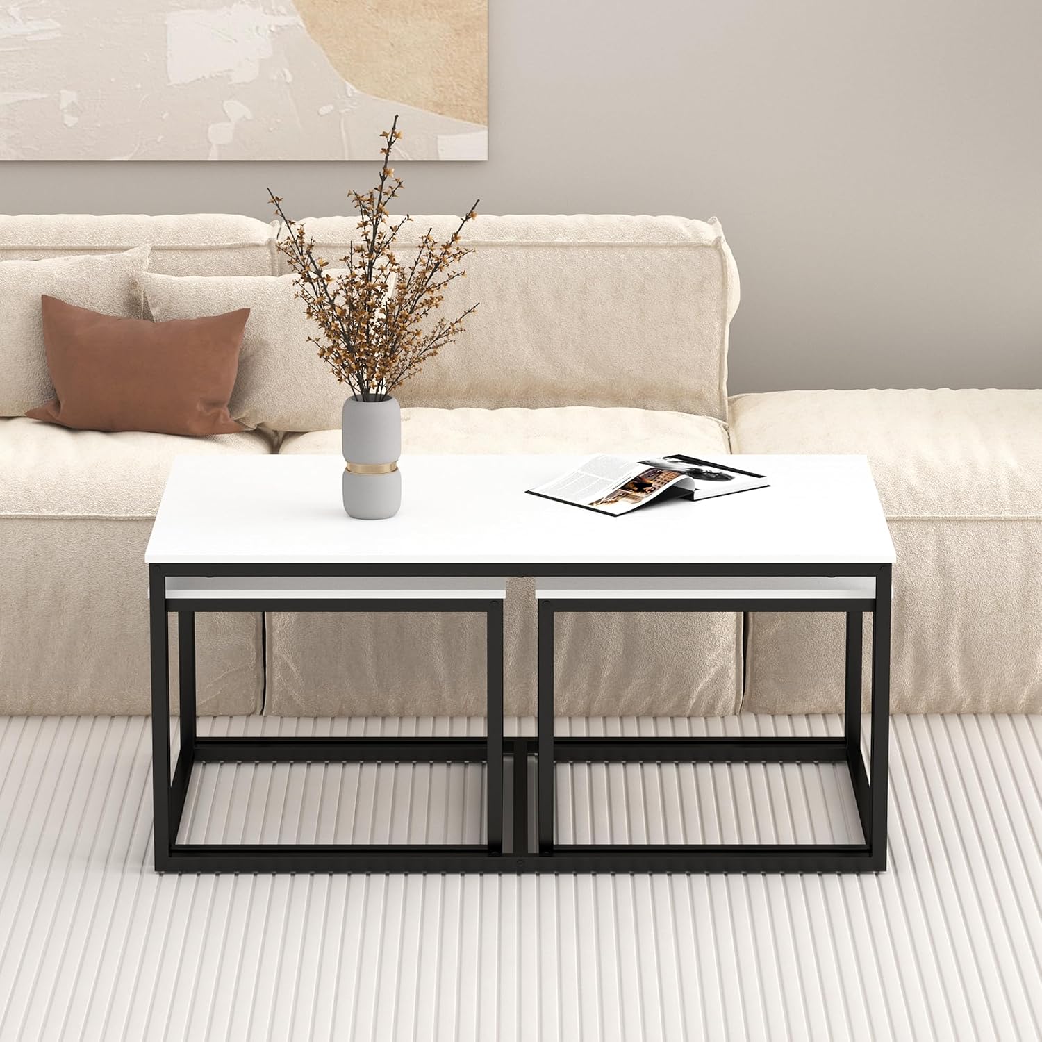 Nesting Coffee Tables,3 Piece Living Room Coffee Table,Industrial Rectangular Coffee Table Set,End Table Side Tables for Living Room Bedroom(White)