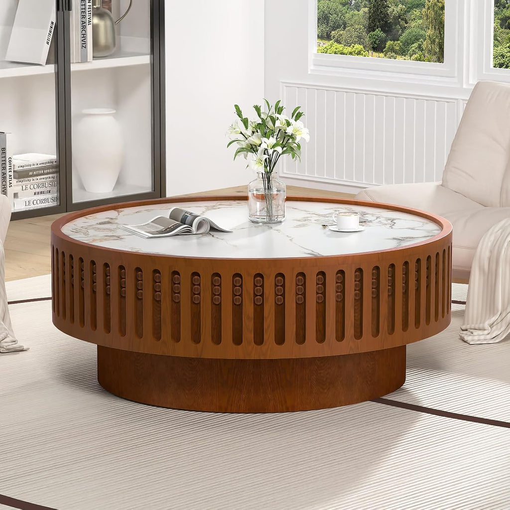 35.43' Round Coffee Table with Sintered Stone Tabletop, Modern Drum Fluted Center Table, Unique Circle Wood Coffee Table for Living Room Small Spaces (Walnut, 35.43' Sintered Stone Tabletop)