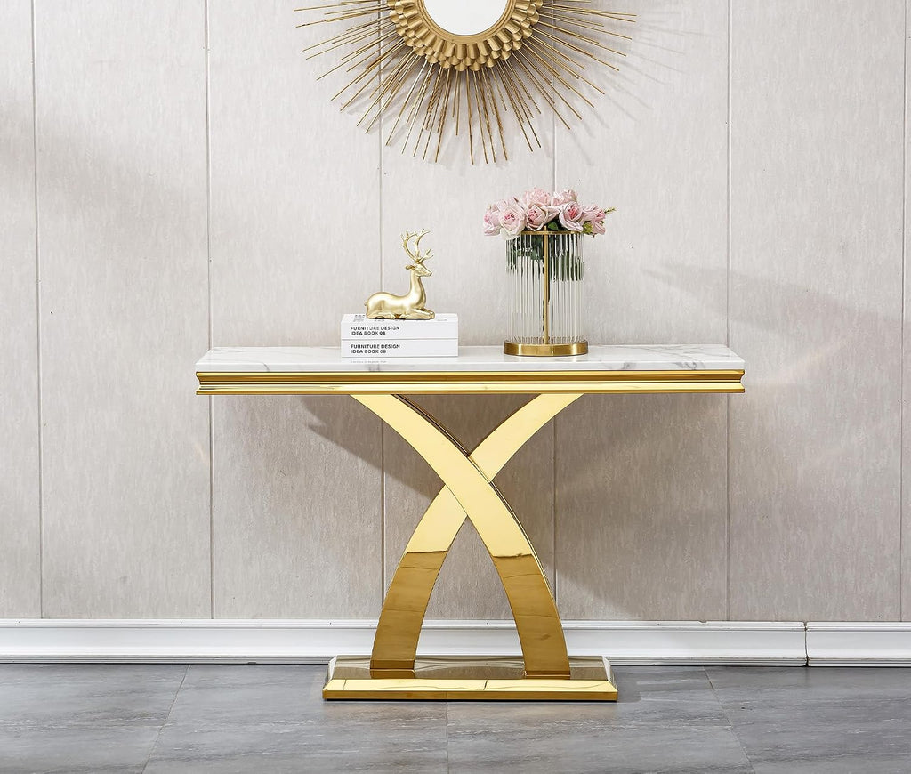 Marble Coffee Table Set of 3, 3 Piece Living Room Table Set Include 1 Coffee Table & 1 End Table & 1 Console Table, Modern White Gold Coffee Sofa Table Sets with Double X Shape Stainless Steel Base