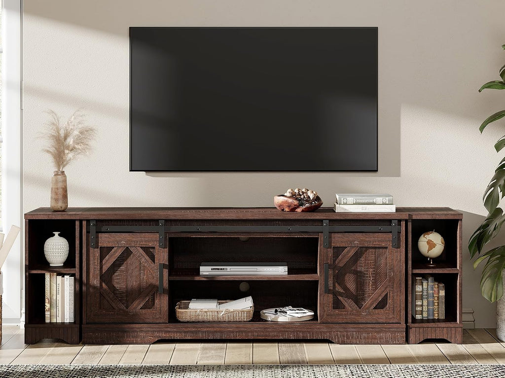 WAMPAT 3-in-1 Modern Farmhouse TV Stand for up to 85' TV, 23.6' H Wood Entertainment Center with Sliding Barn Door and Adjustable Media Storage Shelf for Living Room, Dark Walnut Brown