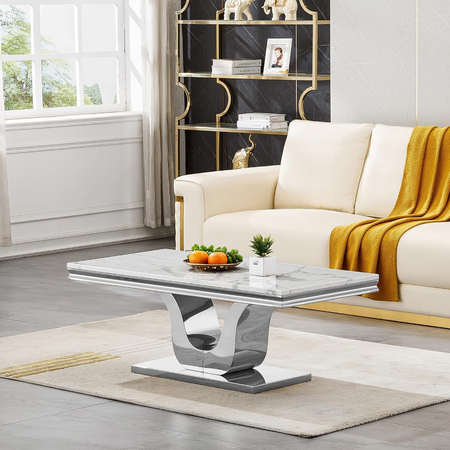 3 Pieces Coffee Table Set, Faux Marble Living Room Table Set of 3, Modern Coffee Table and 2 End Tables with U-Shaped Stainless Steel Base for Living Room (White Silver)