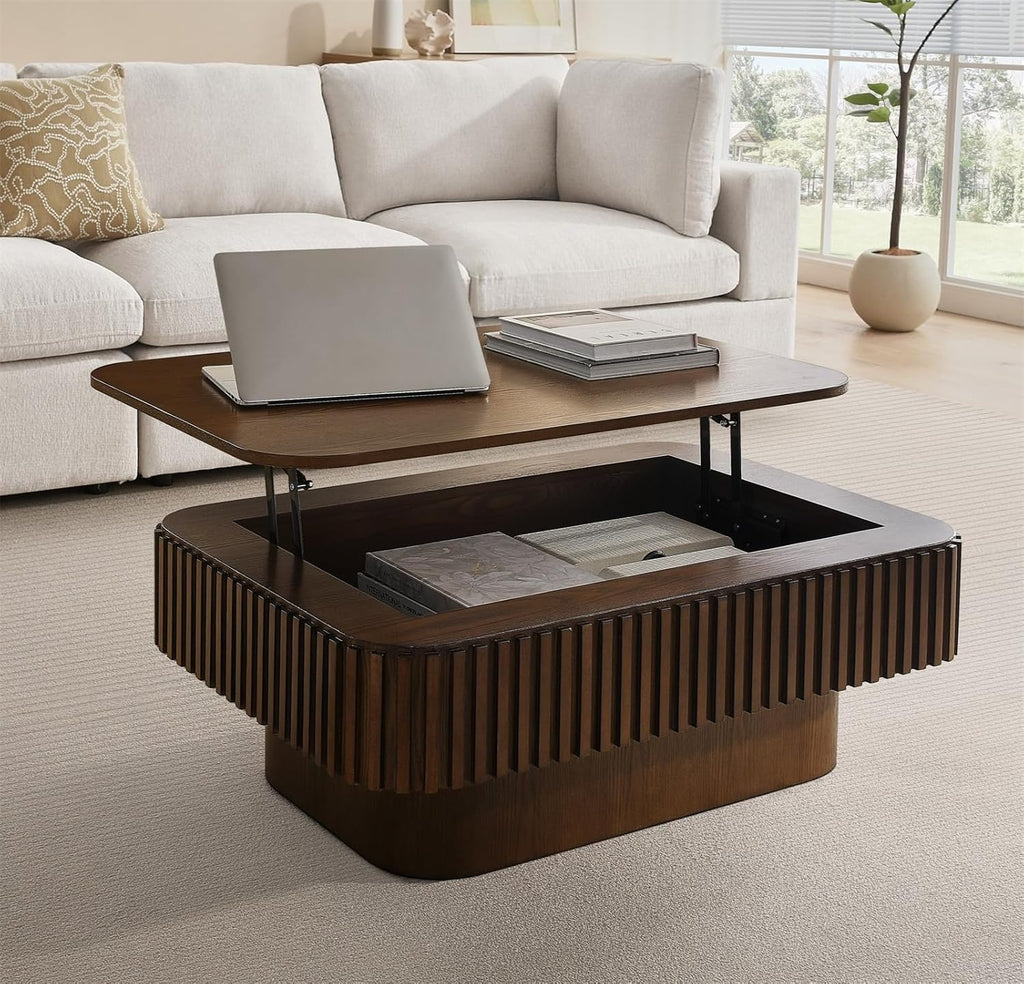 Lift Top Coffee Table for Living Room, Fluted Coffee Tables with Storage, Solid Wood Veneered Modern Accent Tea Center Table for Small Space Apartment (Walnut-38.6''D×26.8''H)