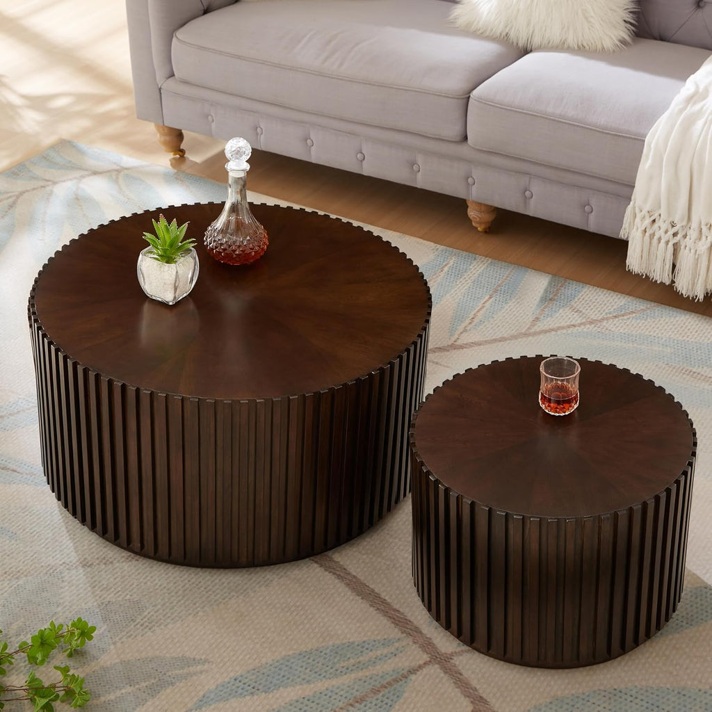 Nesting Round Wood Coffee Table Set of 2, Handcraft Drum Side Table End Table for Living Room, Modern Circle Wooden End Table Set for Small Space, No Need Assembly(Dark Brown,31x31x16 in)