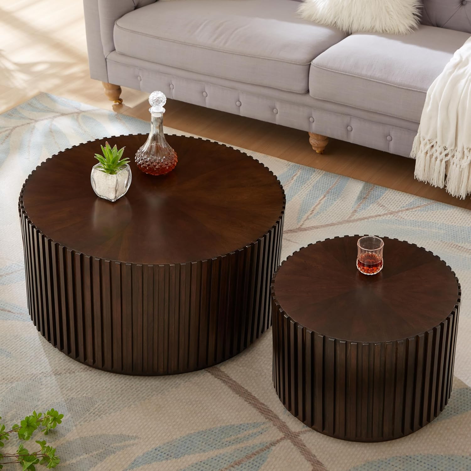 Nesting Round Wood Coffee Table Set of 2, Handcraft Drum Side Table End Table for Living Room, Modern Circle Wooden End Table Set for Small Space, No Need Assembly(Dark Brown,31x31x16 in)