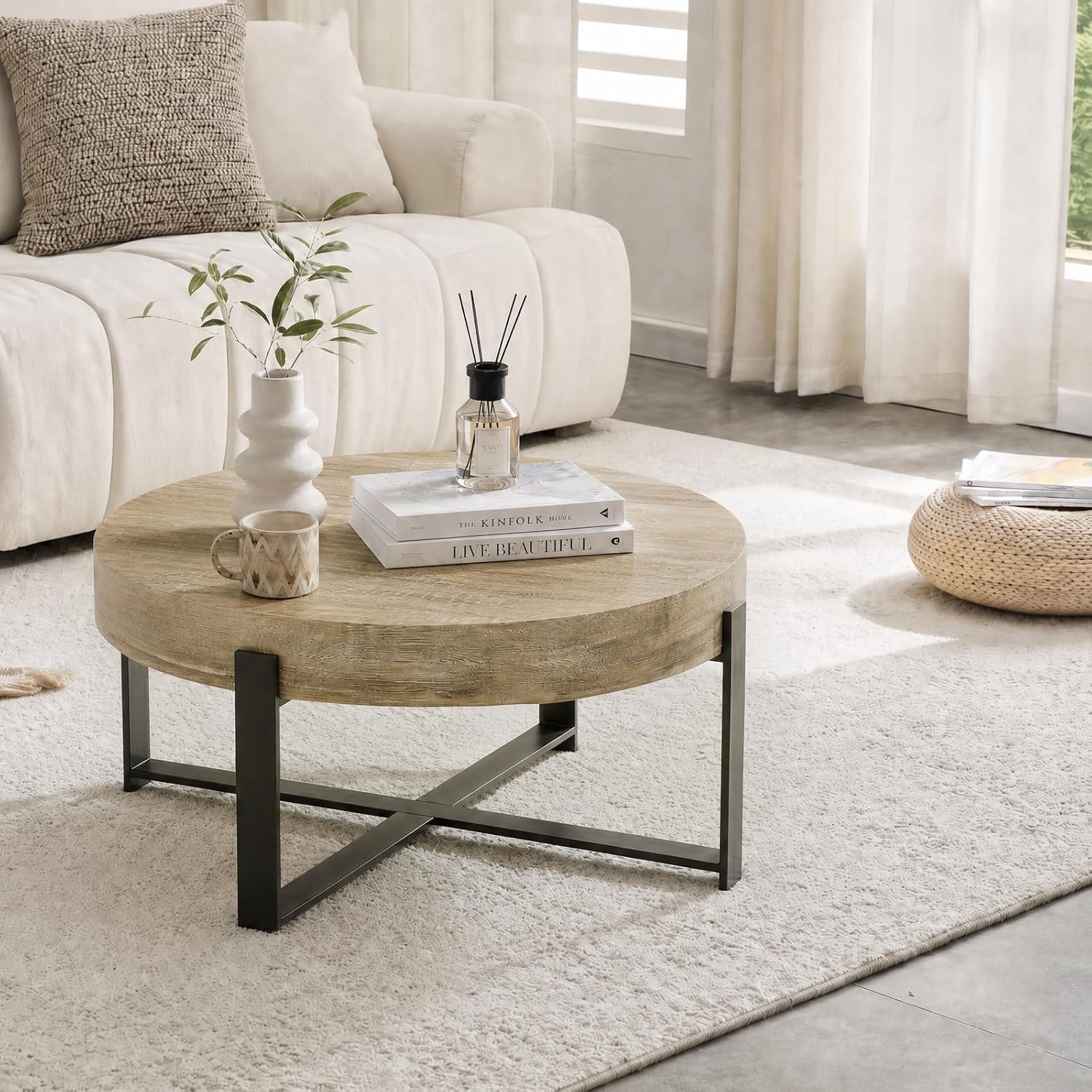 Round Coffee Table, Small Wood Coffee Table with Storage, Modern Rustic Distressed Wood Grain Circle Tables Accent Center Tables for Living Room Apartment Small Space (31.5''D-Retro Natural)