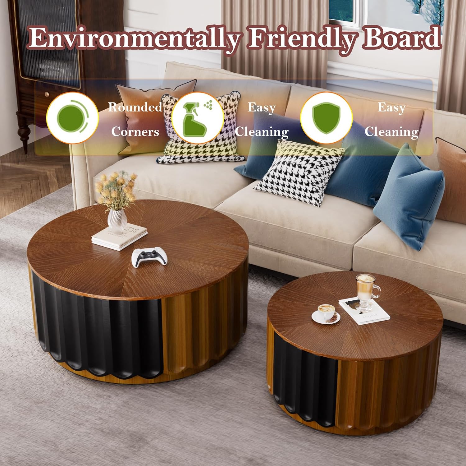 Round Nesting Coffee Table with Storage Stylish Chic Wooden Circle Center Table - Handcraft Relief Veneer for Living Room Study Balcony (F 26.8+19.7in)