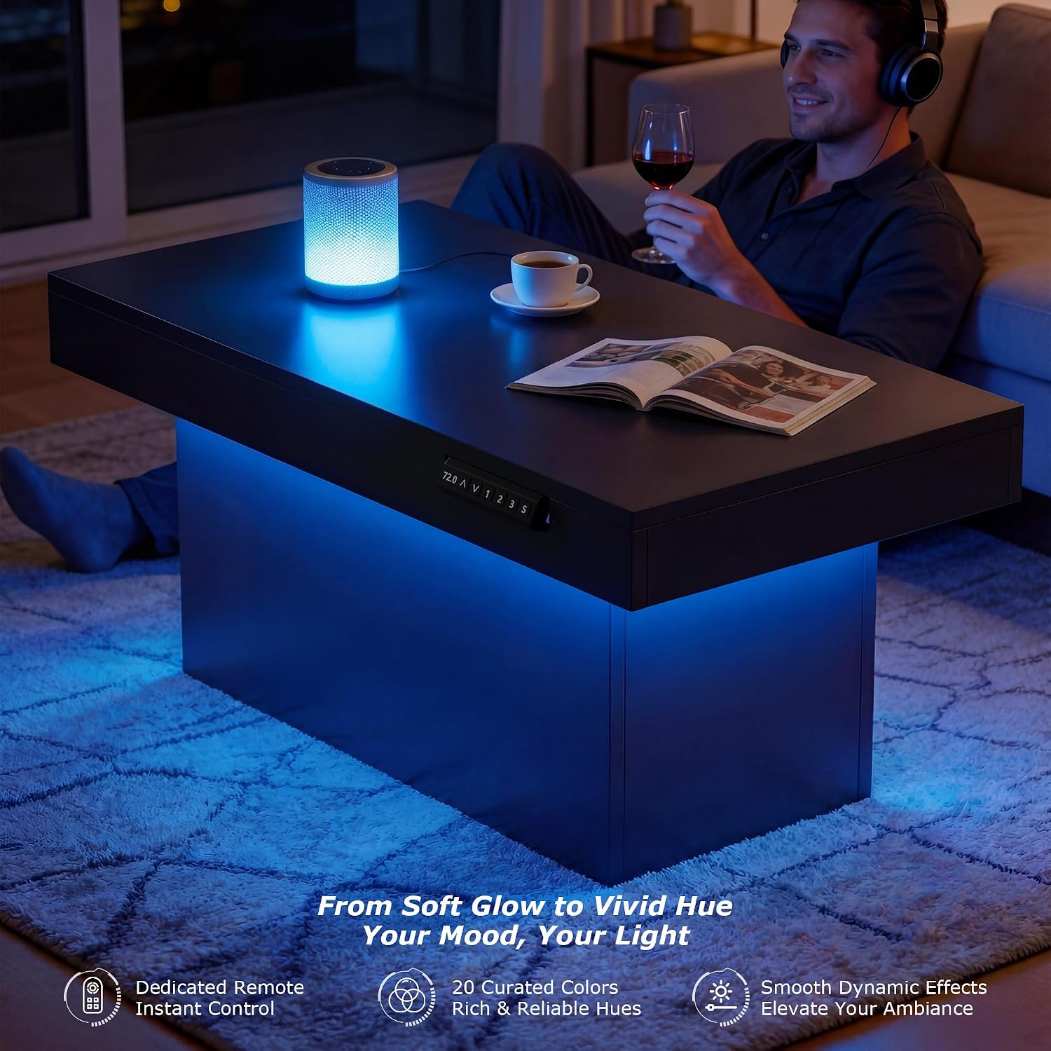 Homkdom 47.3' Electric Lift Top Coffee Table, Adjustable Height Table with Storage & LED Light, Coffee Tables for Living Room, Dining, Work and Gaming, Black
