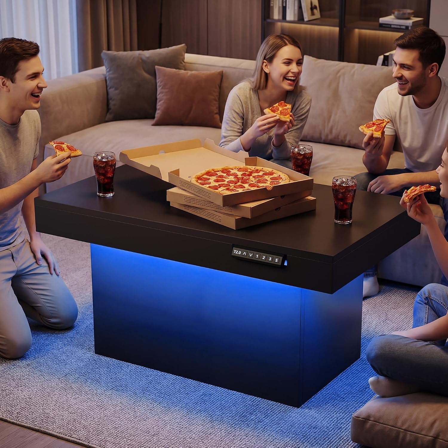 Homkdom 39.4' Electric Lift Top Coffee Table, Adjustable Height Table with Storage & LED Light, Coffee Tables for Living Room, Dining, Work and Gaming, Black